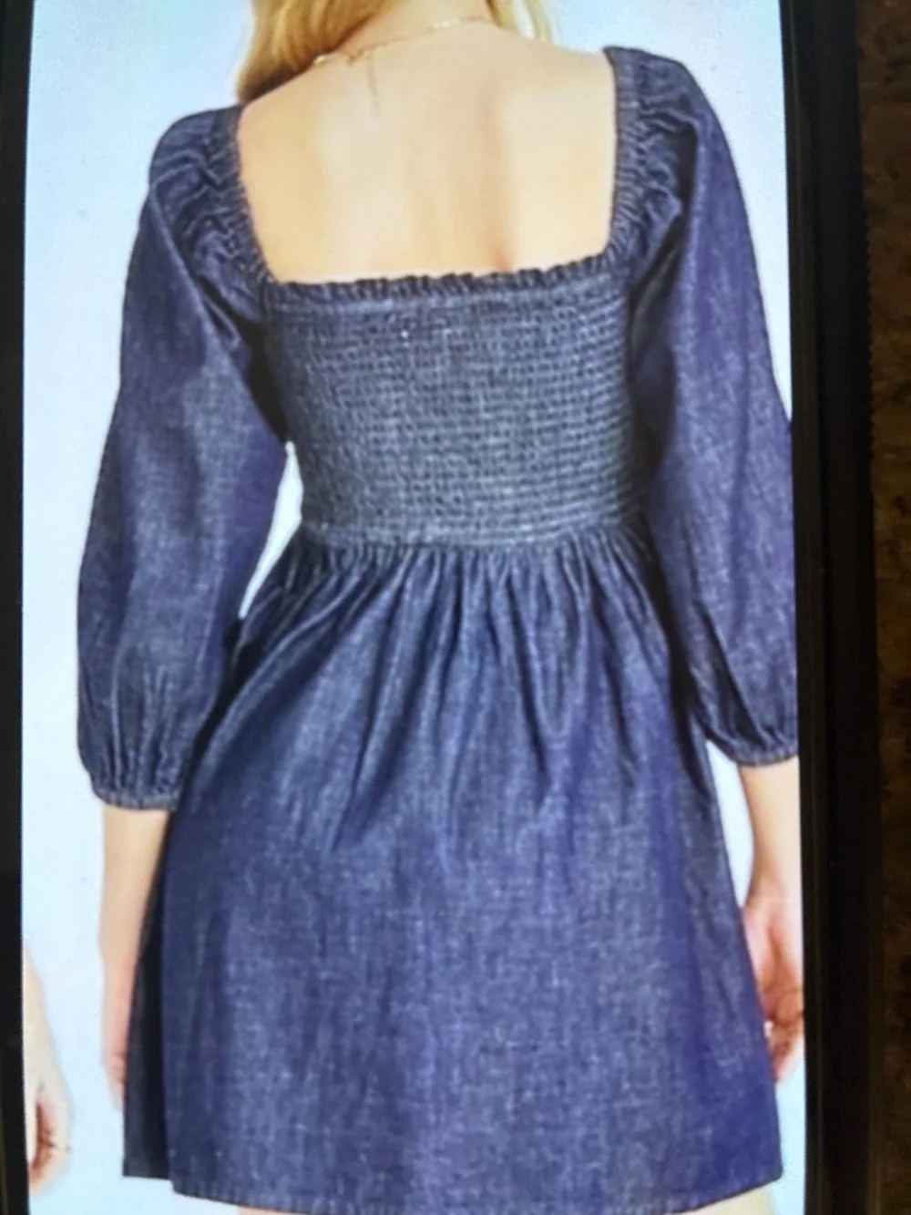 J Crew Puff  Sleeve Smocked Dark Blue Chambray Dress
